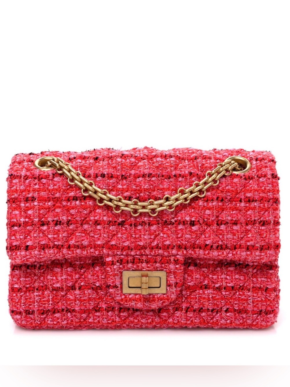 Chanel Tweed Quilted Mini 2.55 Reissue Flap Red Pink Slight Shine Bag In EUC